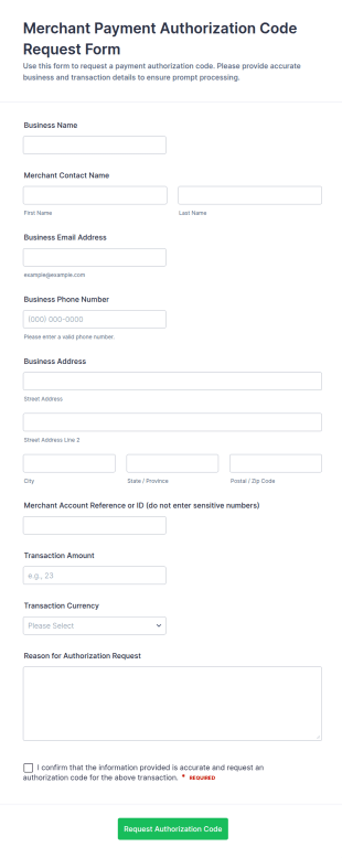 Merchant Payment Authorization Code Request Form Template