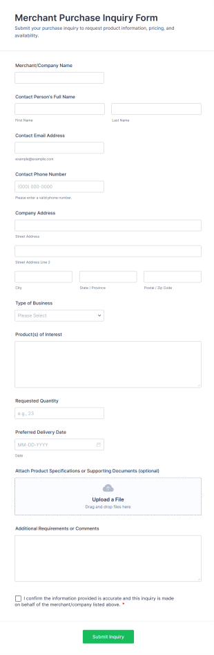 Merchant Purchase Inquiry Form Template