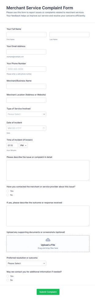 Merchant Service Complaint Form Template