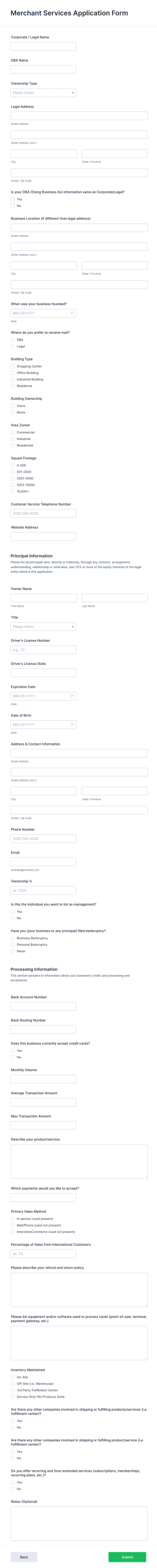 Merchant Services Application Form Template