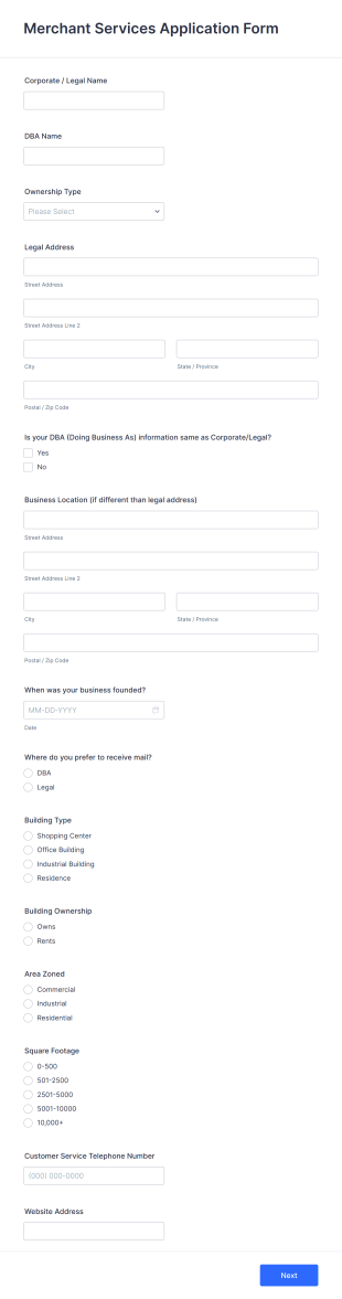 Merchant Services Application Form Template