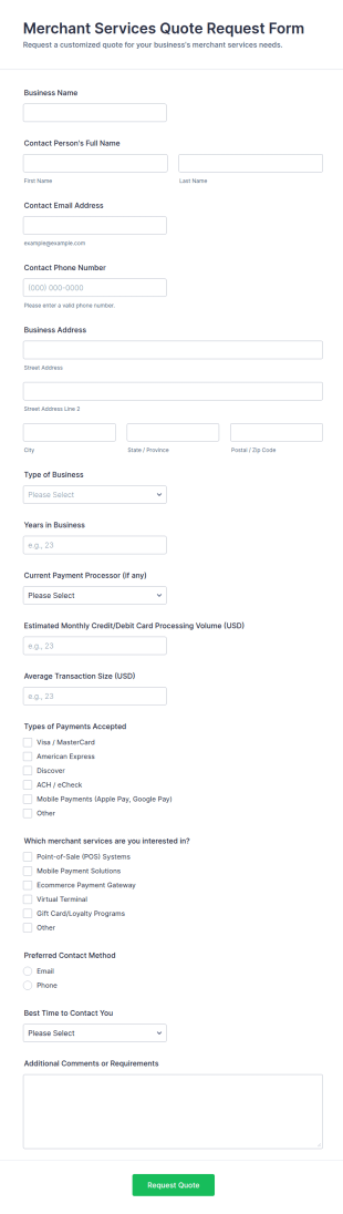 Merchant Services Quote Request Form Template
