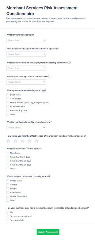 Merchant Services Risk Assessment Questionnaire Form Template
