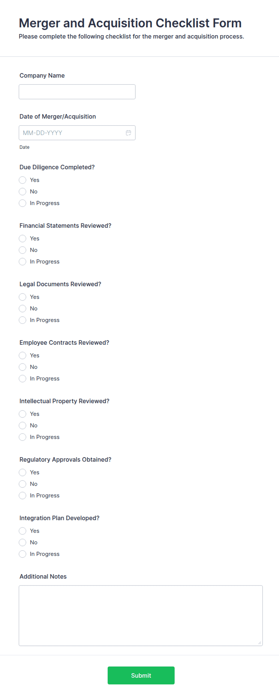 Merger and Acquisition Checklist Form Template | Jotform