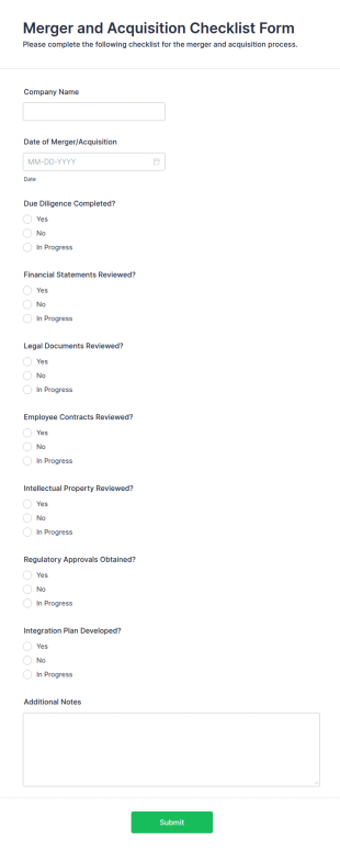 Merger And Acquisition Checklist Form Template