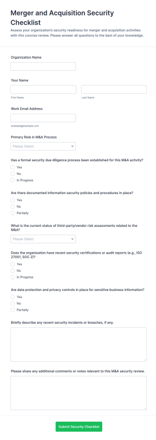 Merger And Acquisition Security Checklist Form Template