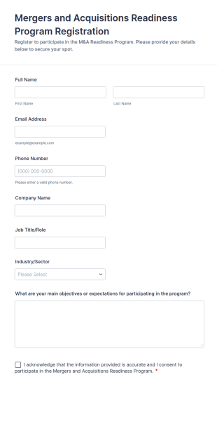 Mergers And Acquisitions Readiness Program Registration Form Template