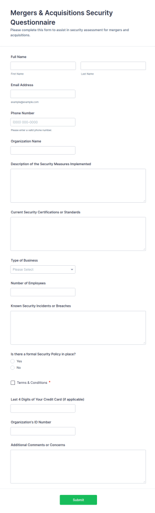 Mergers & Acquisitions Security Questionnaire Form Template