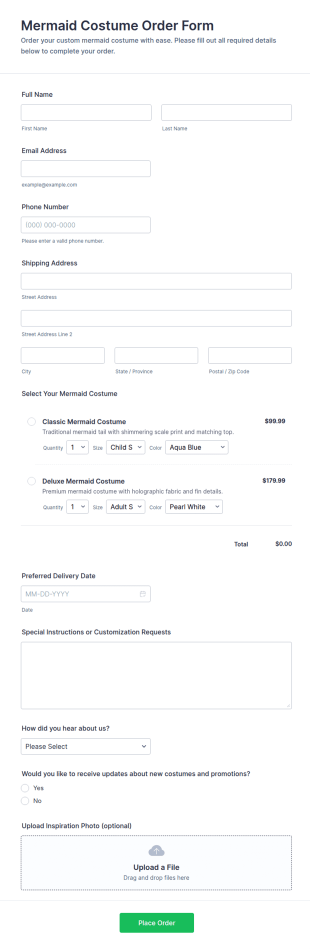 Mermaid Costume Order Form Template