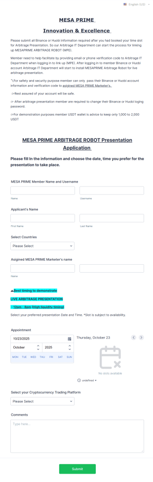 Crypto Arbitrage Presentation Booking Form Template