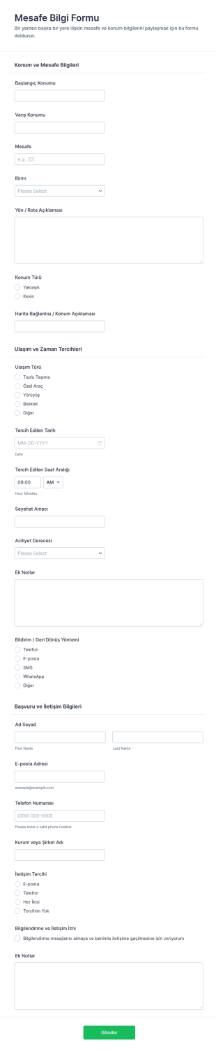 Mesafe Bilgisi Form Şablonu