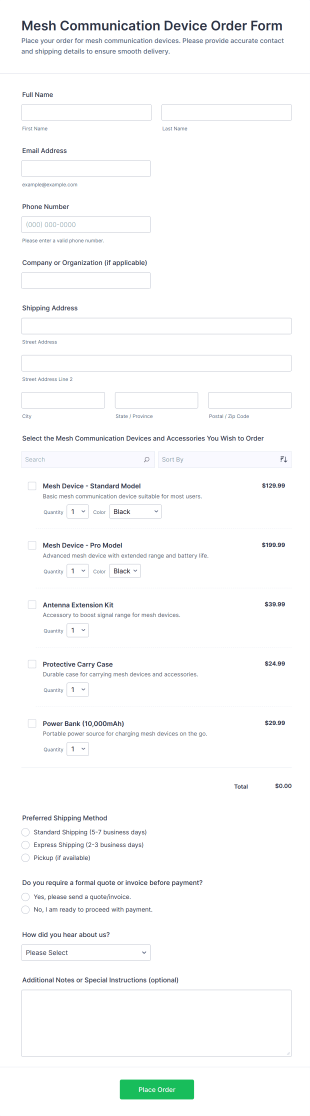 Mesh Communication Device Order Form Template