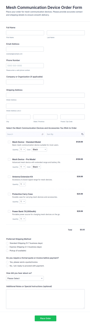 Mesh Communication Device Order Form Template