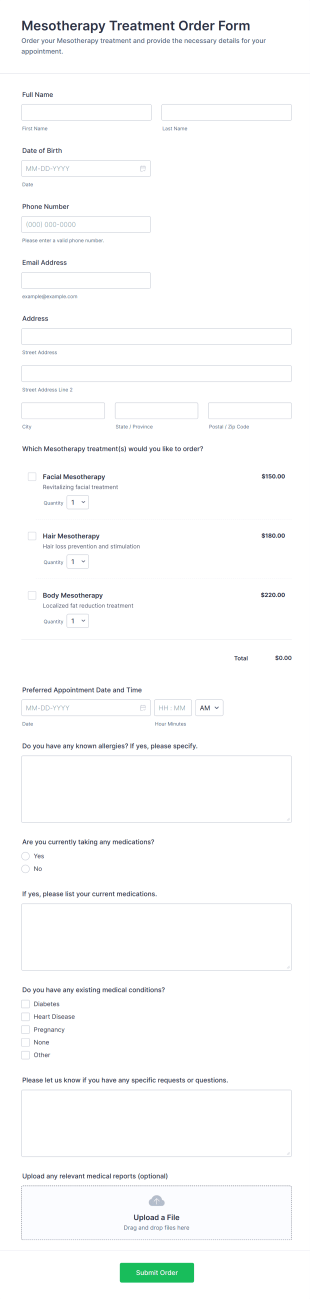 Mesotherapy Treatment Order Form Template