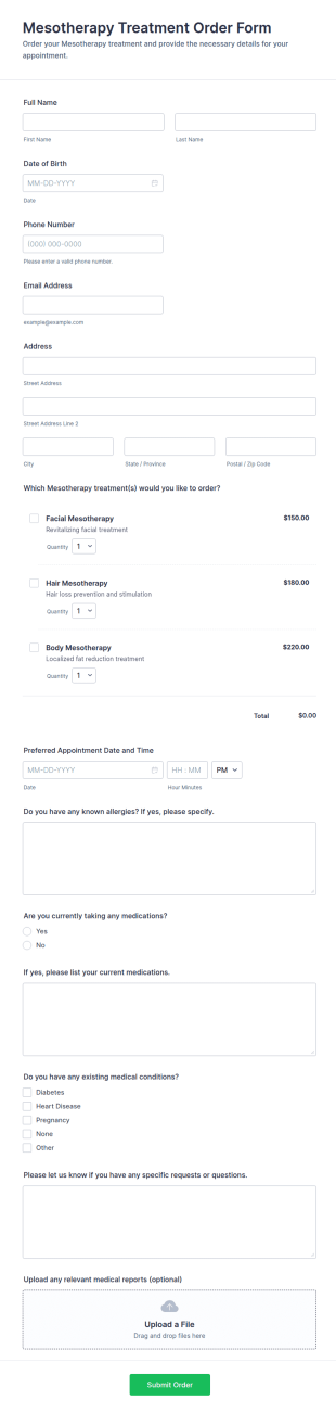 Mesotherapy Treatment Order Form Template