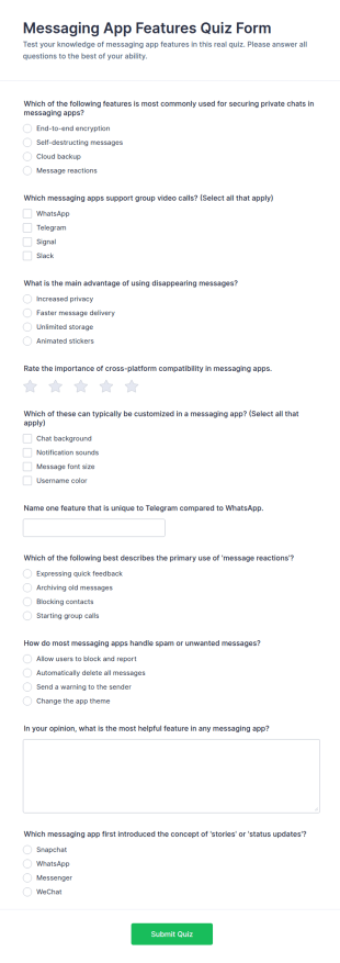 Messaging App Features Quiz Form Template