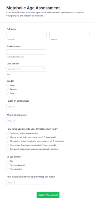 Metabolic Age Assessment Form Template