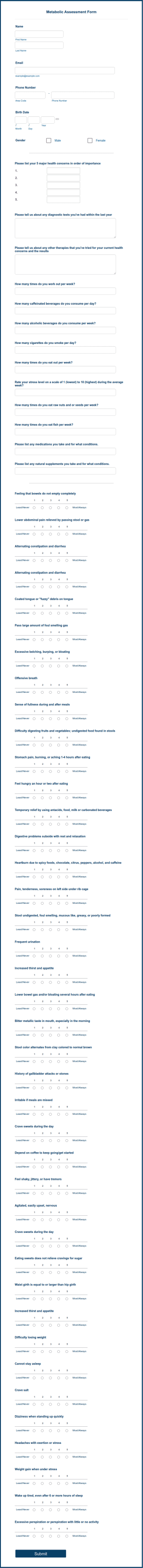 Metabolic Assessment Form Template