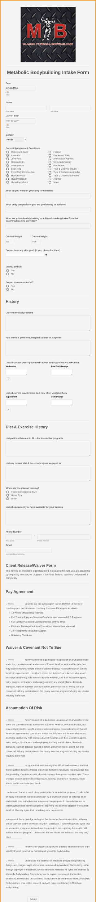 Metabolic Bodybuilding Intake Form Template