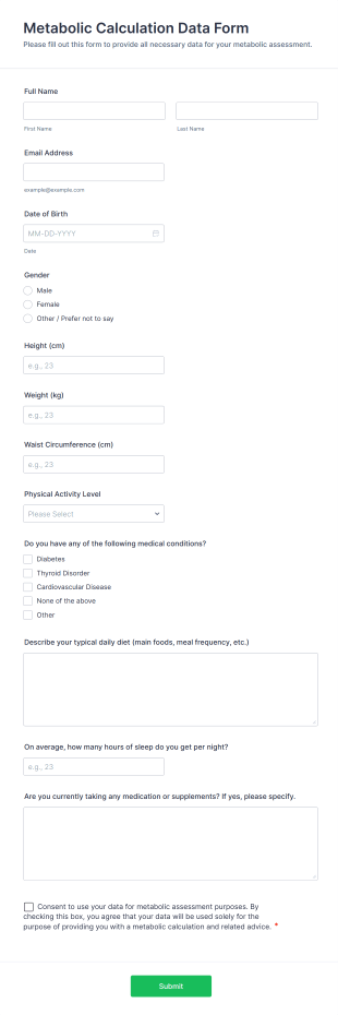 Metabolic Calculation Data Form Template