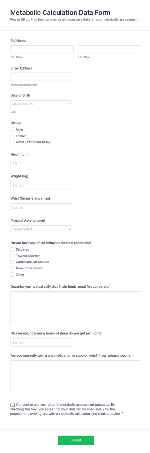 Metabolic Calculation Data Form Template