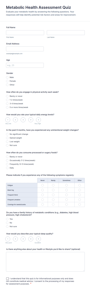 Metabolic Health Assessment Quiz Form Template