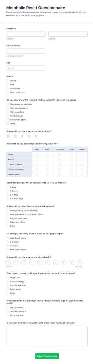 Metabolic Reset Questionnaire Form Template