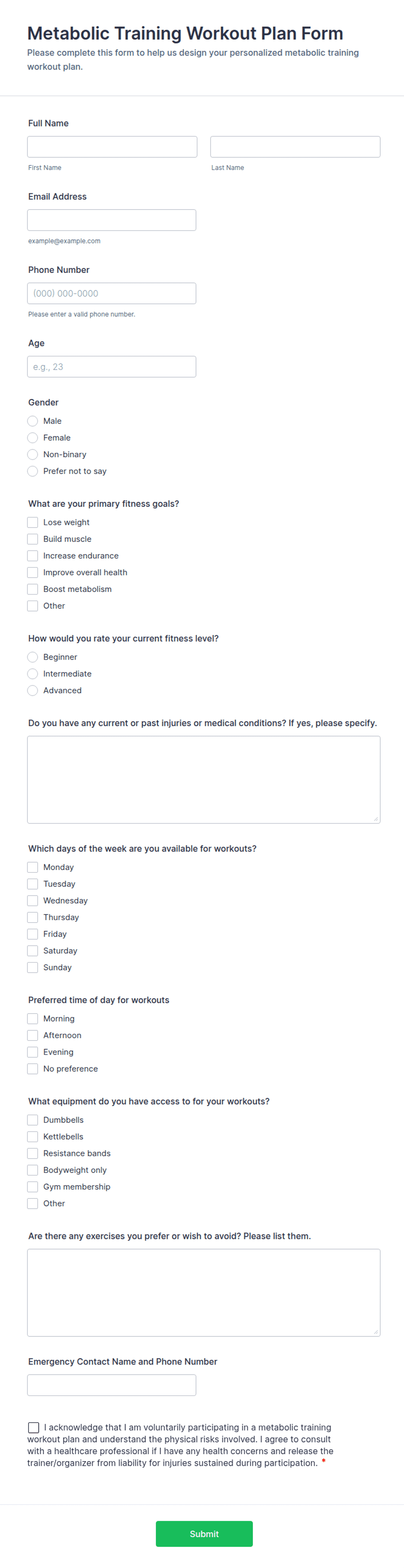 Metabolic Training Workout Plan Form Template | Jotform