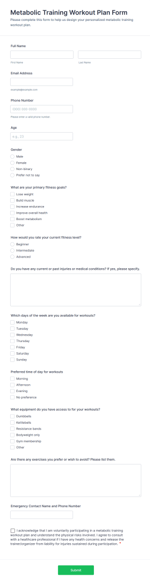 Metabolic Training Workout Plan Form Template