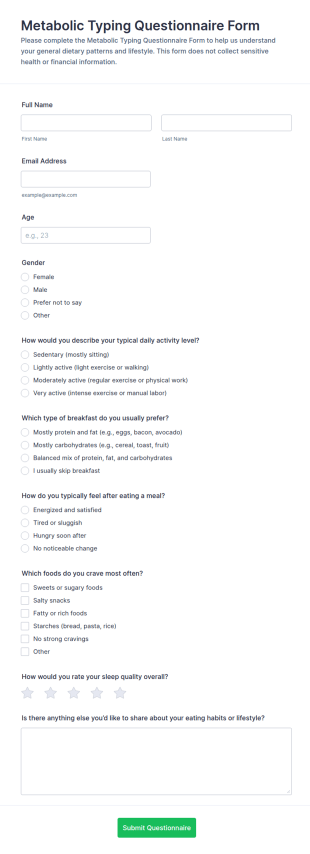 Metabolic Typing Questionnaire Form Template