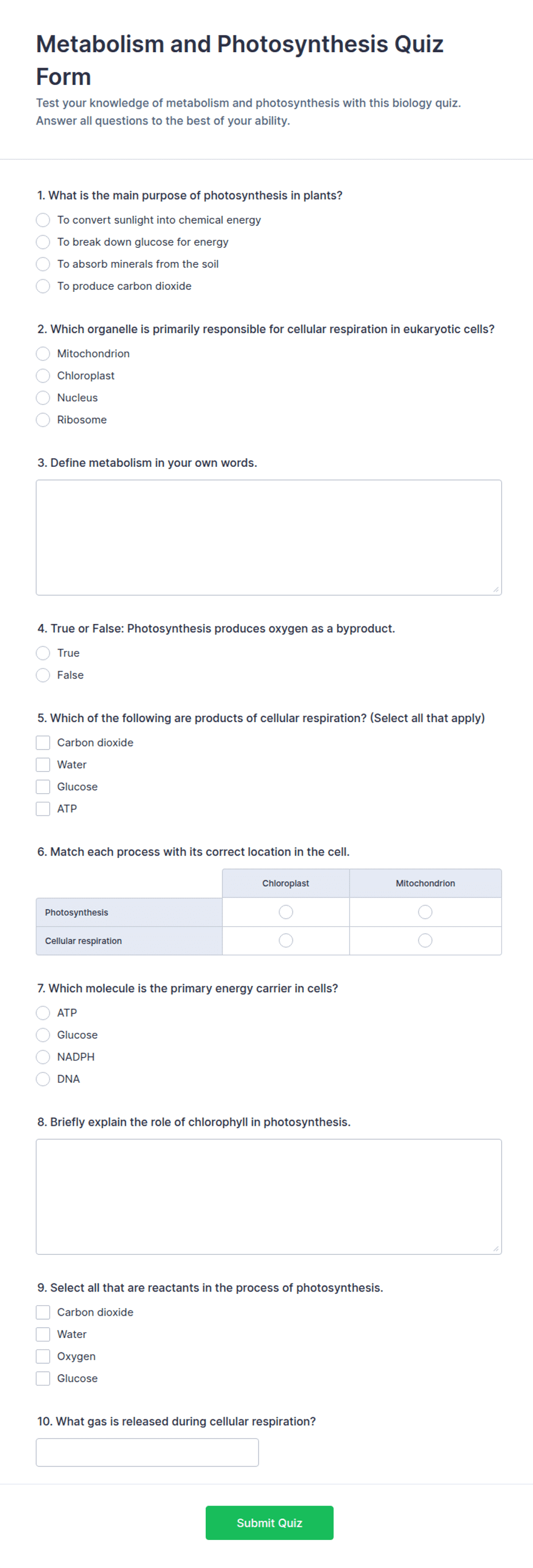 Metabolism and Photosynthesis Quiz Form Template | Jotform