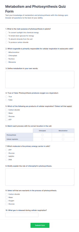 Metabolism And Photosynthesis Quiz Form Template