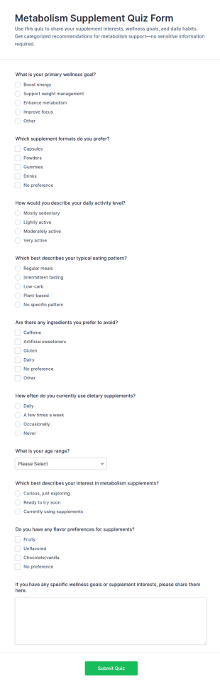 Metabolism Supplement Quiz Form Template