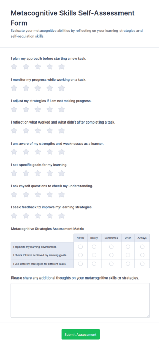 Metacognitive Skills Self Assessment Form Template