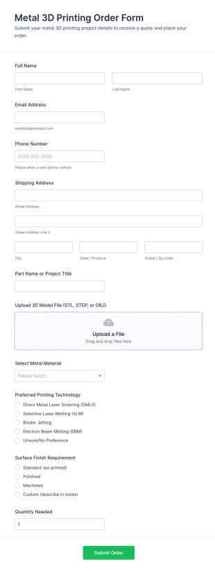 Metal 3D Printing Order Form Template