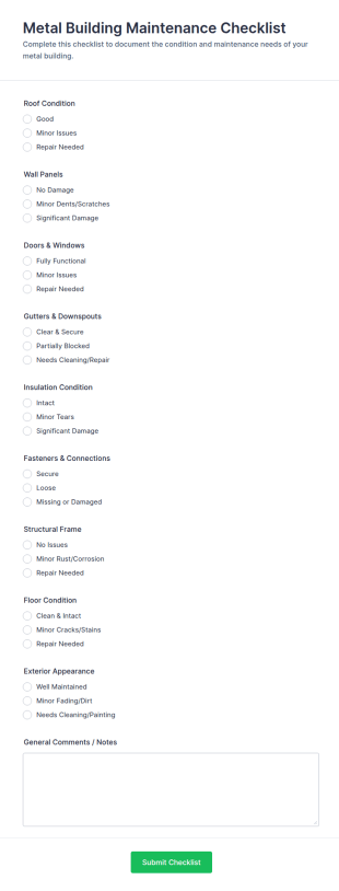 Metal Building Maintenance Checklist Form Template
