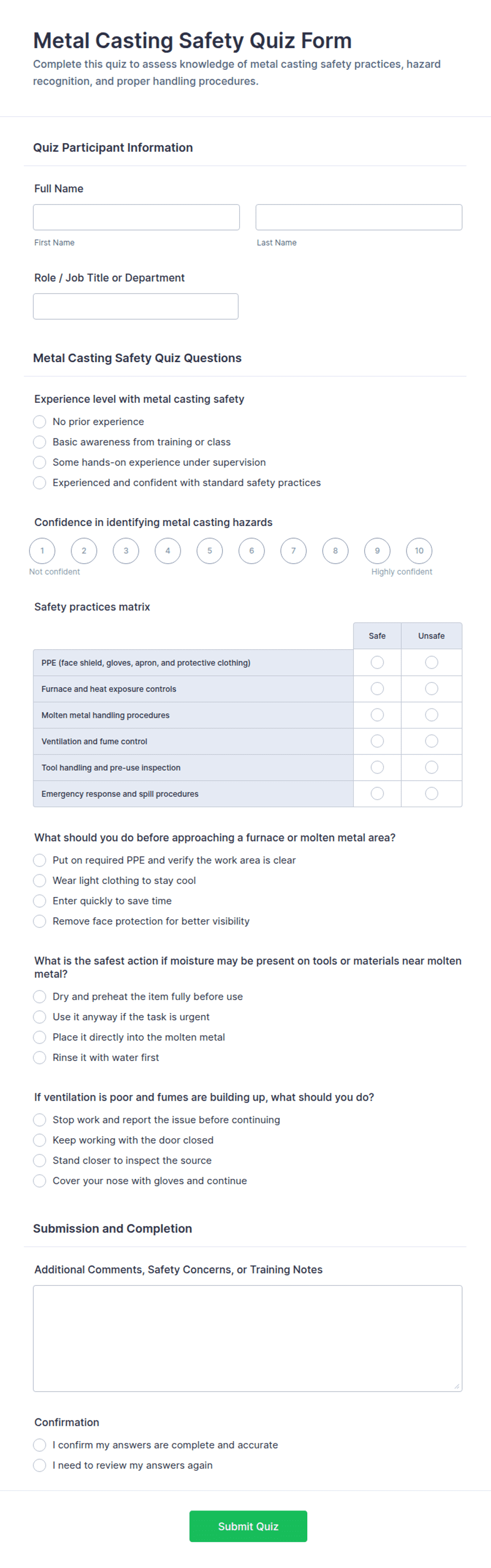 Metal Casting Safety Quiz Form Template | Jotform