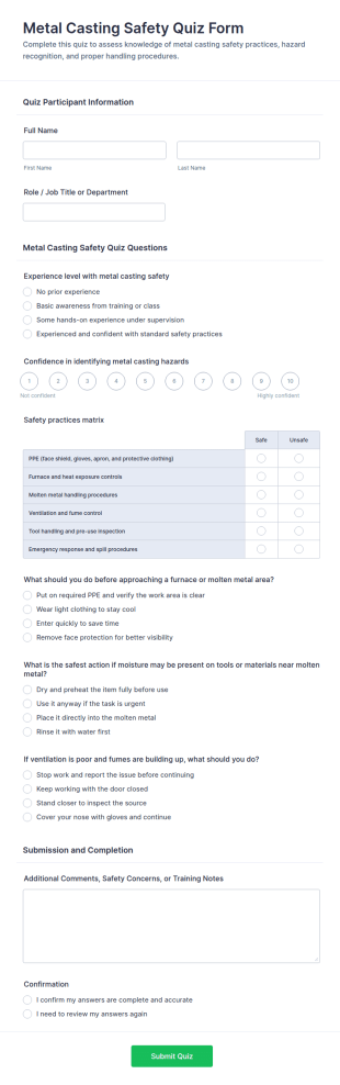Metal Casting Safety Quiz Form Template