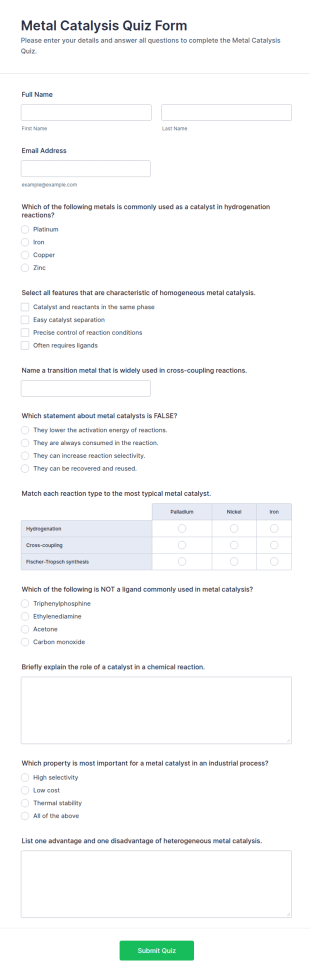 Metal Catalysis Quiz Form Template