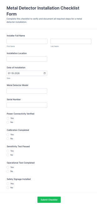 Metal Detector Installation Checklist Form Template