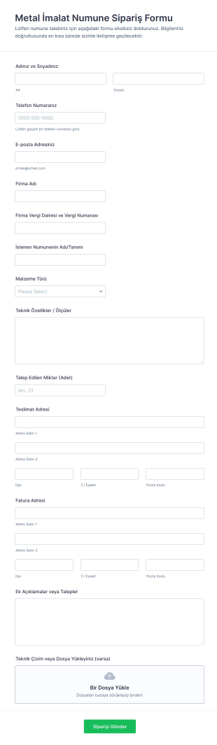 Metal İmalat Numune Sipariş Form Şablonu