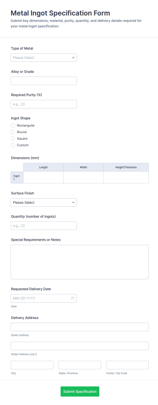 Metal Ingot Specification Form Template
