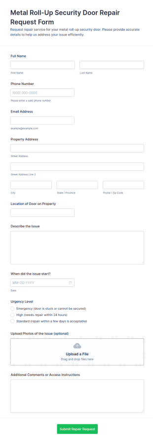 Metal Roll Up Security Door Repair Request Form Template
