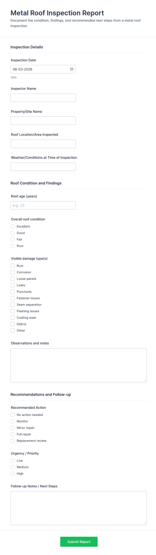 Metal Roof Inspection Report Form Template