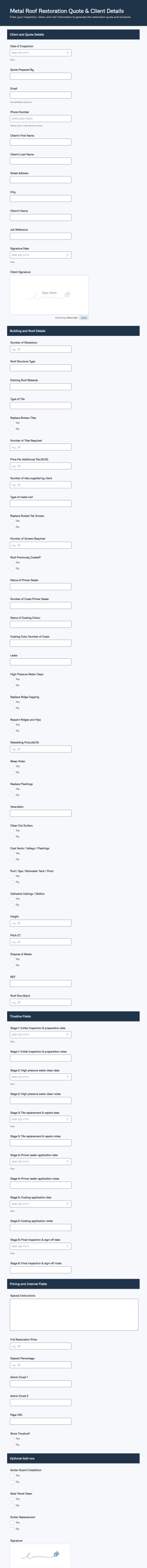 Metal Roof Restoration Quote And Client Details Form Template
