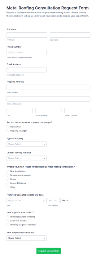 Metal Roofing Consultation Request Form Template