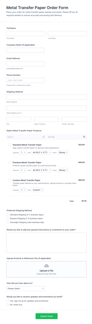 Metal Transfer Paper Order Form Template