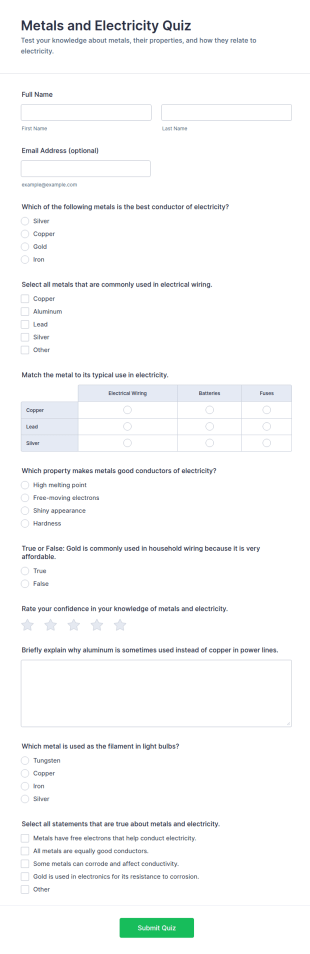 Metals And Electricity Quiz Form Template