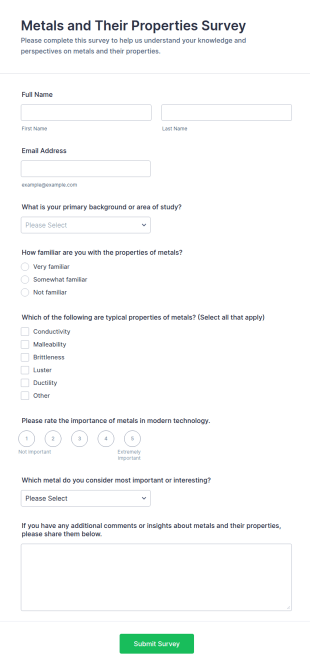 Metals And Their Properties Survey Form Template