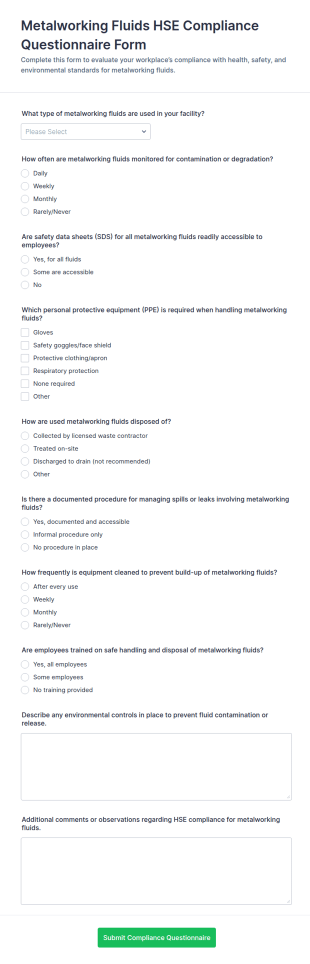 Metalworking Fluids HSE Compliance Questionnaire Form Template